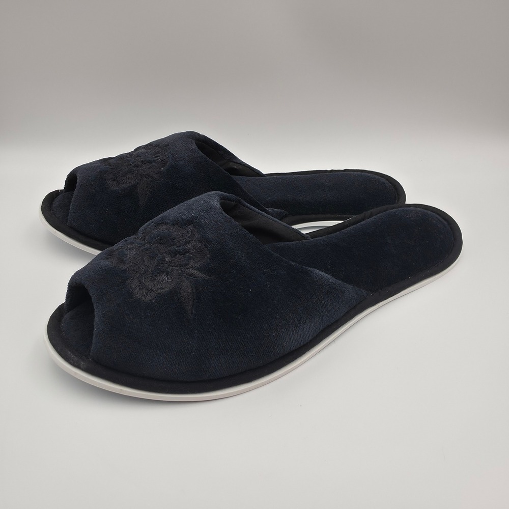 Dearfoams Navy Blue Velour Floral Embroidered Open Toe Slippers Womens Size 8-9